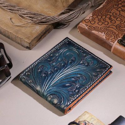 Alternate image for Mens Handmade Baroque Vine-Patterned Leather Wallet in Teal Artful Gentlemen