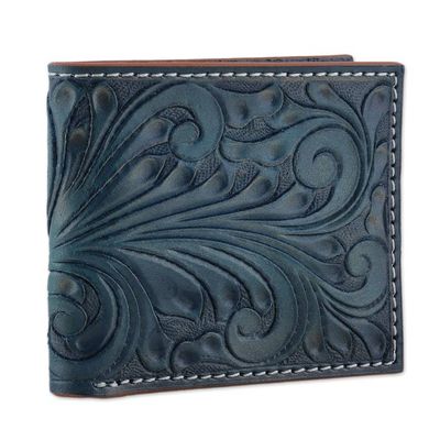 Alternate image for Mens Handmade Baroque Vine-Patterned Leather Wallet in Teal Artful Gentlemen