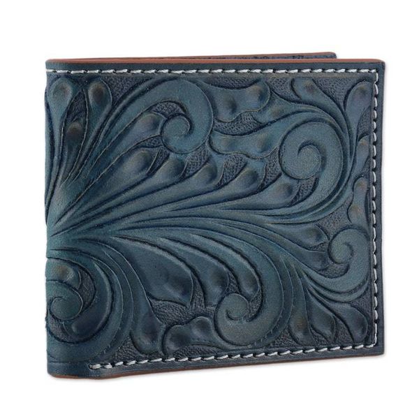 Alternate image for Mens Handmade Baroque Vine-Patterned Leather Wallet in Teal Artful Gentlemen