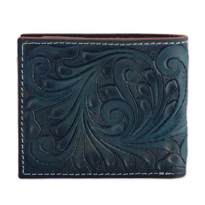 Alternate image for Mens Handmade Baroque Vine-Patterned Leather Wallet in Teal Artful Gentlemen