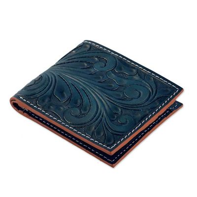Alternate image for Mens Handmade Baroque Vine-Patterned Leather Wallet in Teal Artful Gentlemen