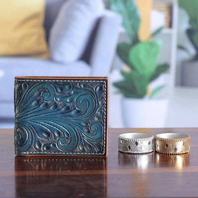 Alternate image for Mens Handmade Baroque Vine-Patterned Leather Wallet in Teal Artful Gentlemen