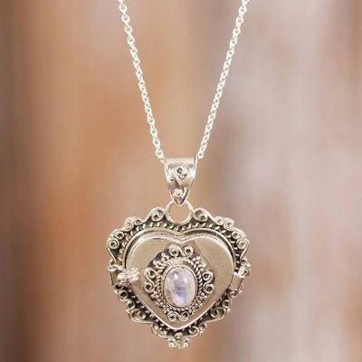 Primary image for Heart Locket Pendant Necklace with Natural Rainbow Moonstone Harmonious Passion