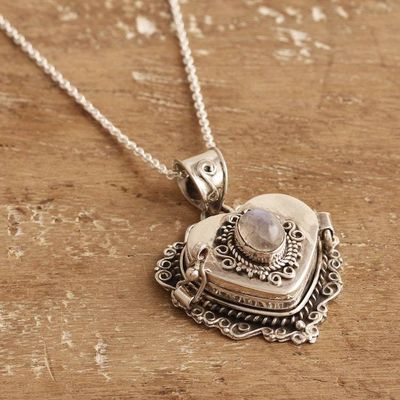 Alternate image for Heart Locket Pendant Necklace with Natural Rainbow Moonstone Harmonious Passion