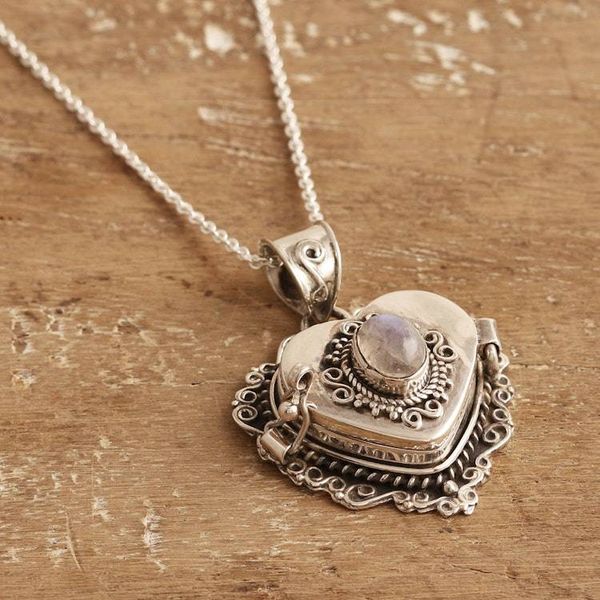 Alternate image for Heart Locket Pendant Necklace with Natural Rainbow Moonstone Harmonious Passion