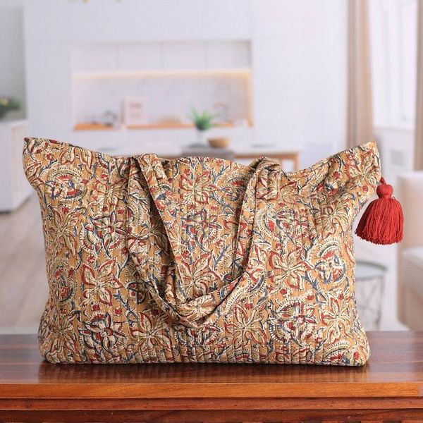 Alternate image for Block-Printed Floral Caramel Quilted Cotton Tote Bag Weekends Away