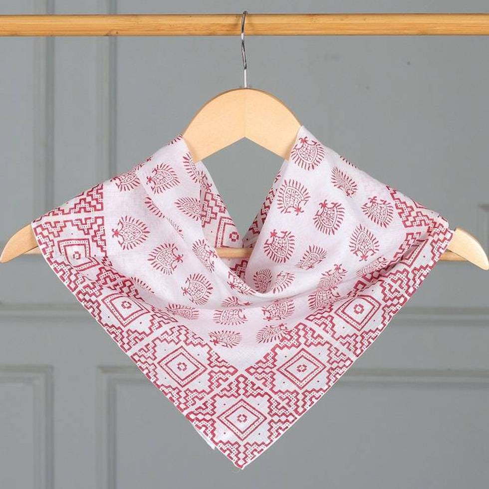 Hand-Block Printed Red and White Cotton Bandana 'Strawberry Splendor'