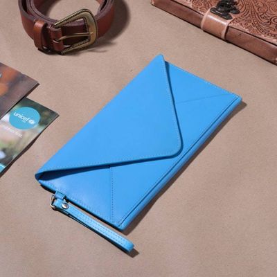 Primary image for Whimsical Envelope-Shaped Sky Blue 100 Leather Wristlet Message in Sky Blue