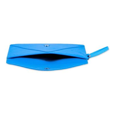 Alternate image for Whimsical Envelope-Shaped Sky Blue 100 Leather Wristlet Message in Sky Blue