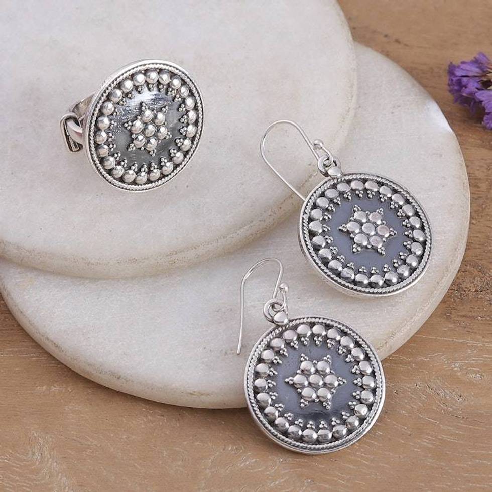 Granulated Starburst-Themed Silver Earrings and Ring Set 'Granulated Starburst'