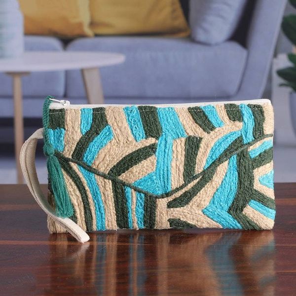 Alternate image for Abstract-Themed Blue and Beige Embroidered Cotton Wristlet Creative Blast