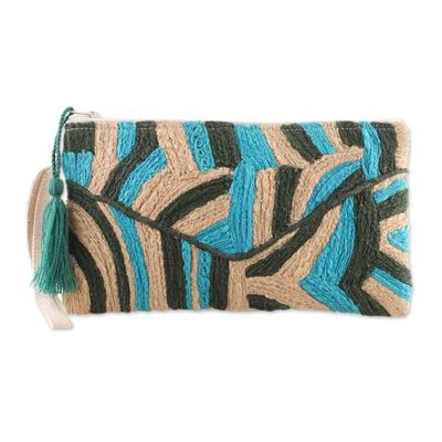Alternate image for Abstract-Themed Blue and Beige Embroidered Cotton Wristlet Creative Blast