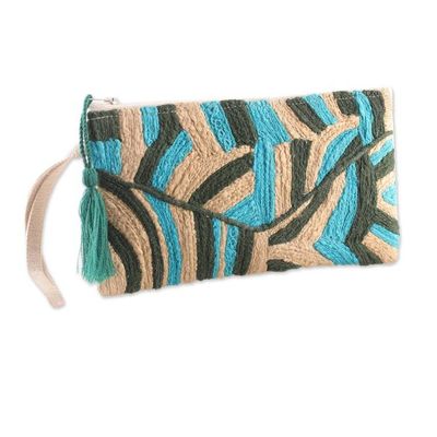 Alternate image for Abstract-Themed Blue and Beige Embroidered Cotton Wristlet Creative Blast