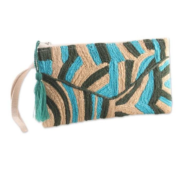 Alternate image for Abstract-Themed Blue and Beige Embroidered Cotton Wristlet Creative Blast