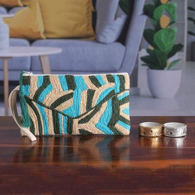 Alternate image for Abstract-Themed Blue and Beige Embroidered Cotton Wristlet Creative Blast