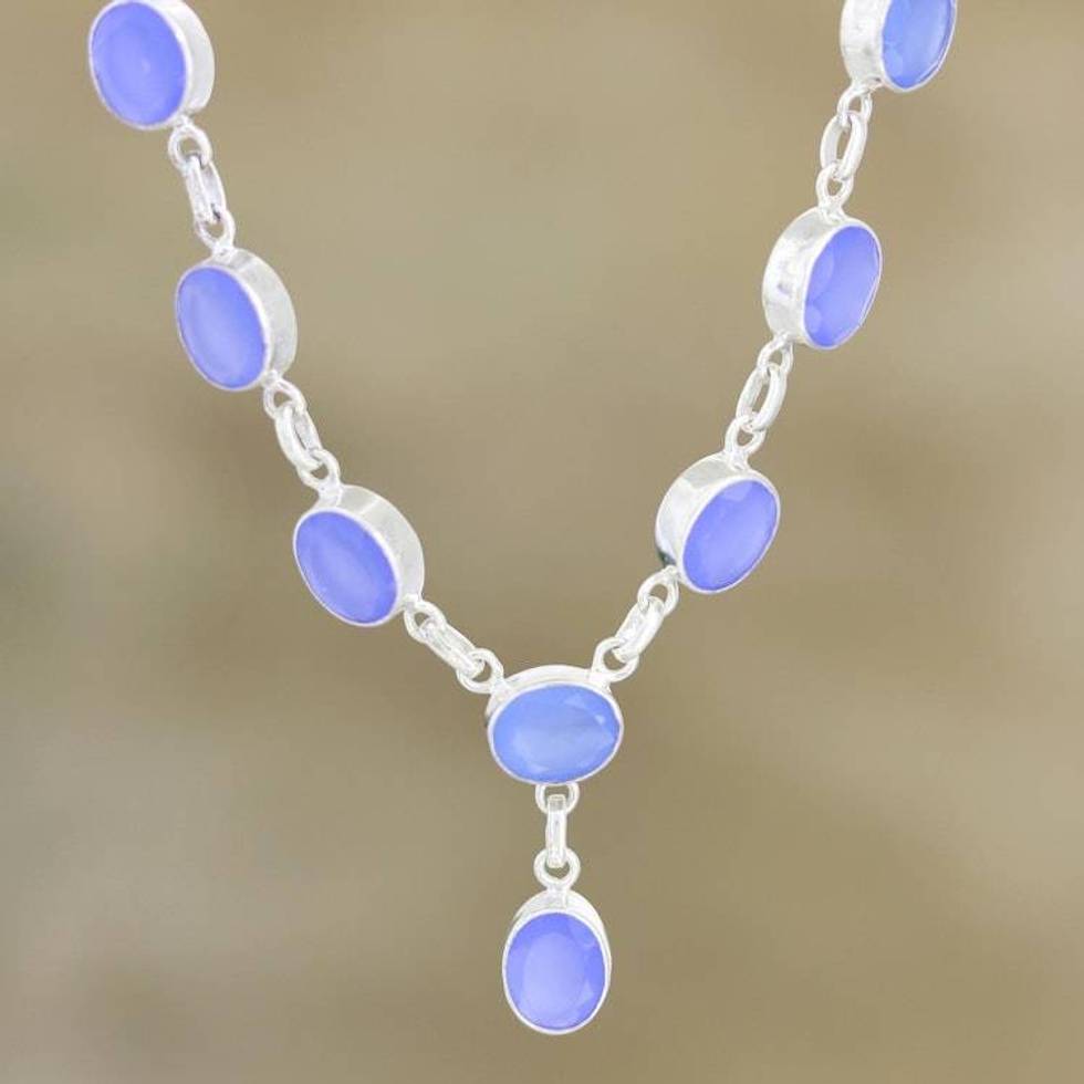 Chalcedony and Sterling Silver Y-Necklace 'Cloud Oracle'