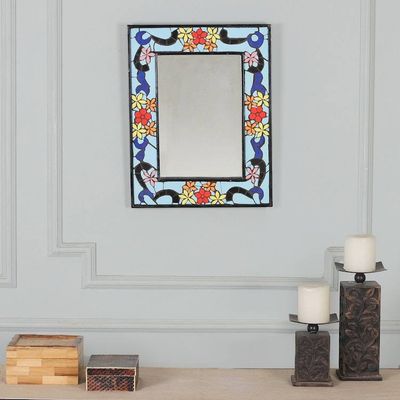 Alternate image for Spring-Themed Handmade Blue and Orange Ceramic Mosaic Mirror Timeless Mosaic