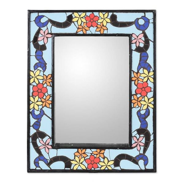 Alternate image for Spring-Themed Handmade Blue and Orange Ceramic Mosaic Mirror Timeless Mosaic