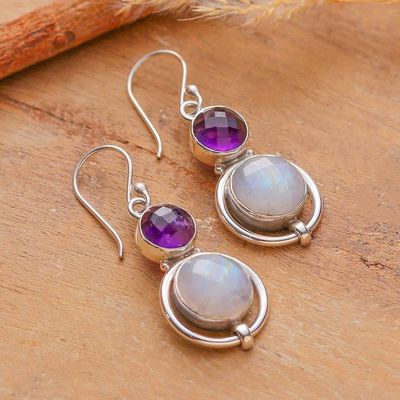 Primary image for 16-Carat Rainbow Moonstone Amethyst Silver Dangle Earrings Glowing Harmony