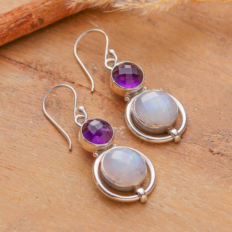 16-Carat Rainbow Moonstone Amethyst Silver Dangle Earrings 'Glowing Harmony'