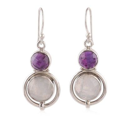 Alternate image for 16-Carat Rainbow Moonstone Amethyst Silver Dangle Earrings Glowing Harmony