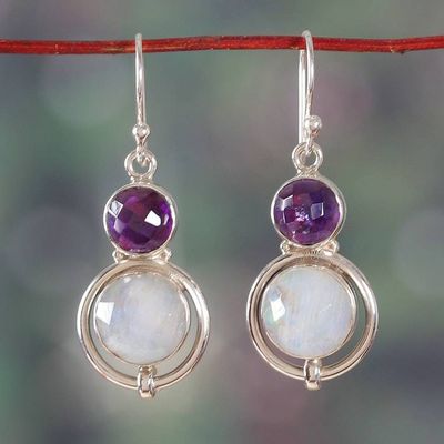 Alternate image for 16-Carat Rainbow Moonstone Amethyst Silver Dangle Earrings Glowing Harmony