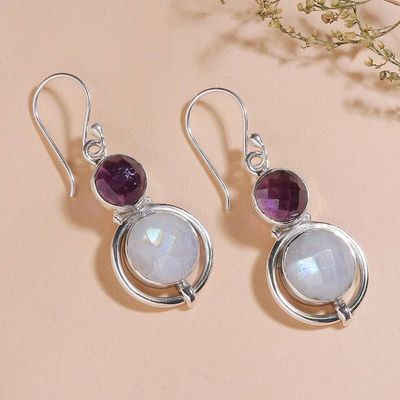 Alternate image for 16-Carat Rainbow Moonstone Amethyst Silver Dangle Earrings Glowing Harmony
