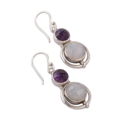 Alternate image for 16-Carat Rainbow Moonstone Amethyst Silver Dangle Earrings Glowing Harmony