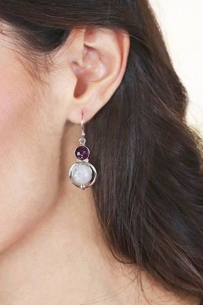 Alternate image for 16-Carat Rainbow Moonstone Amethyst Silver Dangle Earrings Glowing Harmony