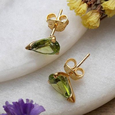 Primary image for 22k Gold-Plated Natural Peridot Stud Earrings from India Glorious Verdant Gleam