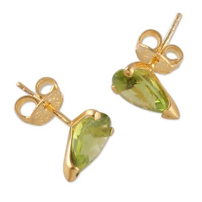 Alternate image for 22k Gold-Plated Natural Peridot Stud Earrings from India Glorious Verdant Gleam