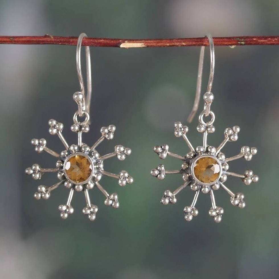 Sun-Themed Sterling Silver 2-Carat Citrine Dangle Earrings 'Prosperous Sun'