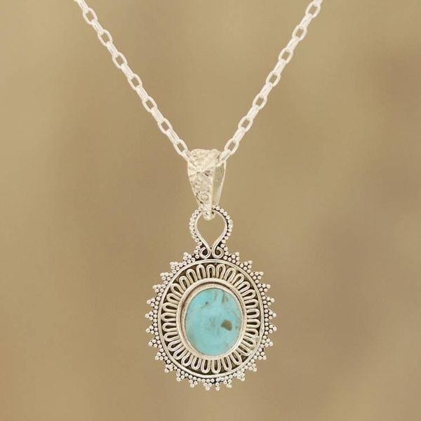 Alternate image for Reconstituted Turquoise and Sterling Silver Pendant Necklace Dotted Charm