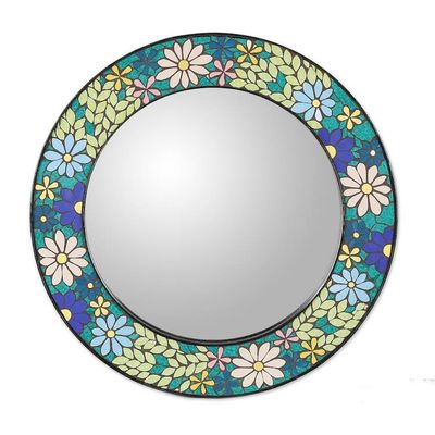 Primary image for Blue and Green Flower-Patterned Round Ceramic Mosaic Mirror Cycle of Celestial Blooms