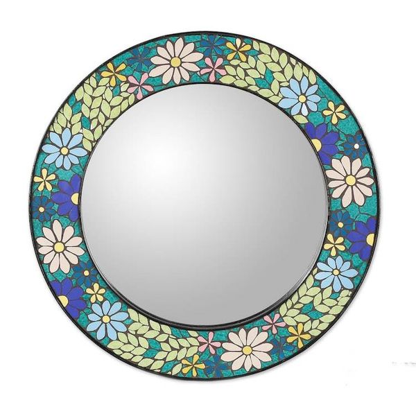Alternate image for Blue and Green Flower-Patterned Round Ceramic Mosaic Mirror Cycle of Celestial Blooms
