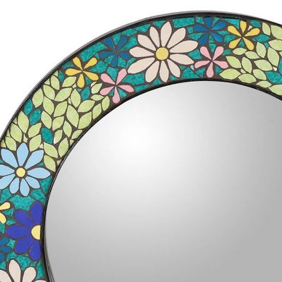 Alternate image for Blue and Green Flower-Patterned Round Ceramic Mosaic Mirror Cycle of Celestial Blooms