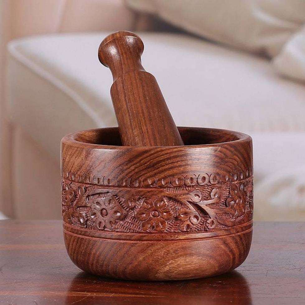 Floral and Vine-Themed Hand-Carved Wood Mortar and Pestle 'Garden Joy'