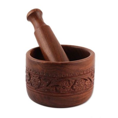 Alternate image for Floral and Vine-Themed Hand-Carved Wood Mortar and Pestle Garden Joy