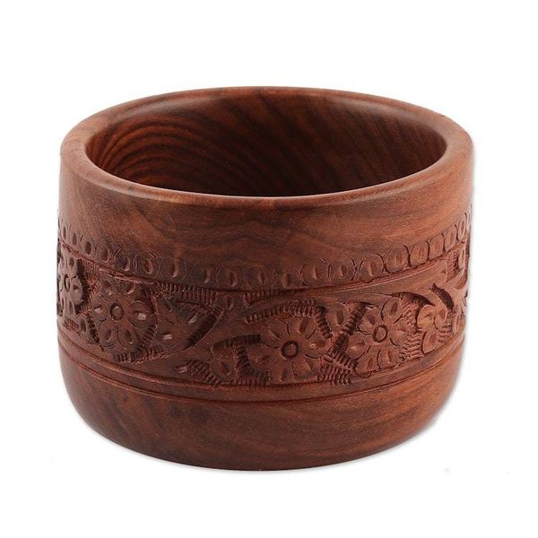 Alternate image for Floral and Vine-Themed Hand-Carved Wood Mortar and Pestle Garden Joy