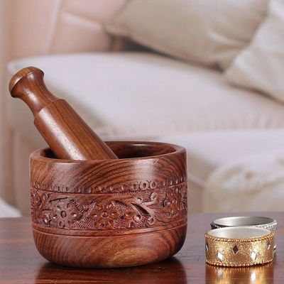Alternate image for Floral and Vine-Themed Hand-Carved Wood Mortar and Pestle Garden Joy