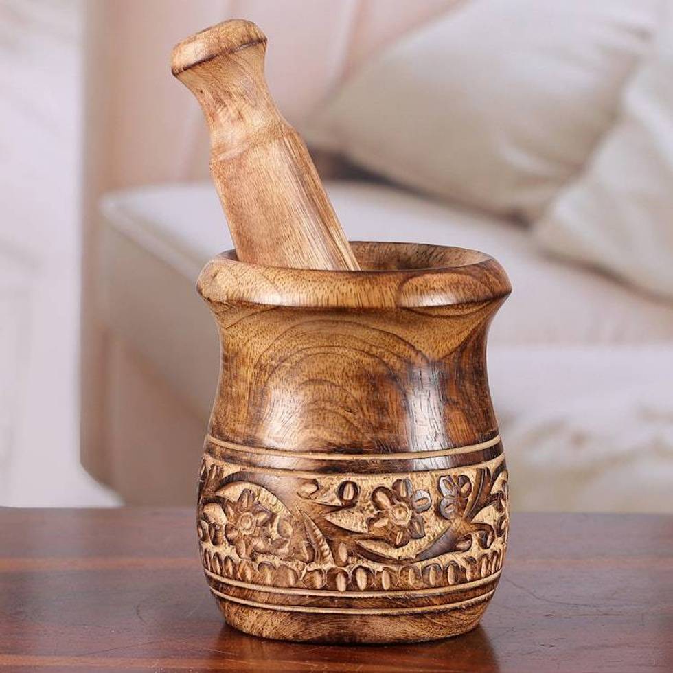 Hand-Carved Wood Mortar and Pestle with Floral Leaf Theme 'Rustic Beauty'