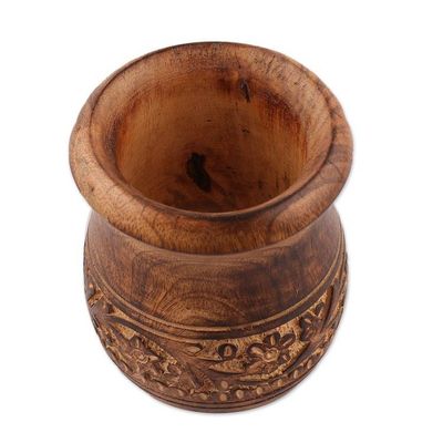 Alternate image for Hand-Carved Wood Mortar and Pestle with Floral Leaf Theme Rustic Beauty