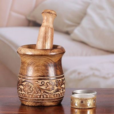 Alternate image for Hand-Carved Wood Mortar and Pestle with Floral Leaf Theme Rustic Beauty
