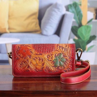 Primary image for Artisan-Made Floral Crimson and Caramel Leather Clutch Sling Blooming Ecstasy