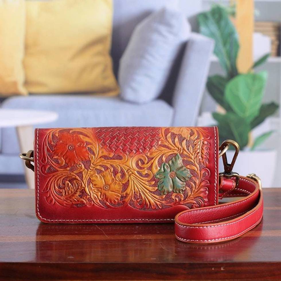 Artisan-Made Floral Crimson and Caramel Leather Clutch Sling 'Blooming Ecstasy'