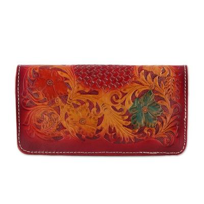 Alternate image for Artisan-Made Floral Crimson and Caramel Leather Clutch Sling Blooming Ecstasy