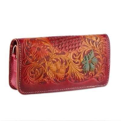 Alternate image for Artisan-Made Floral Crimson and Caramel Leather Clutch Sling Blooming Ecstasy