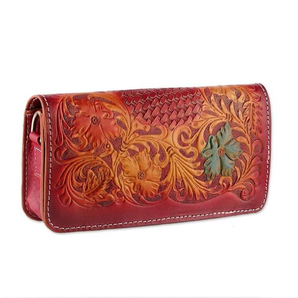 Alternate image for Artisan-Made Floral Crimson and Caramel Leather Clutch Sling Blooming Ecstasy