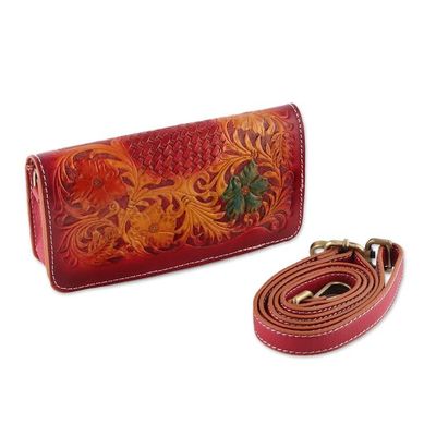 Alternate image for Artisan-Made Floral Crimson and Caramel Leather Clutch Sling Blooming Ecstasy