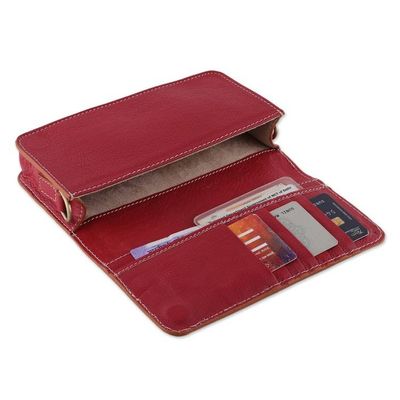 Alternate image for Artisan-Made Floral Crimson and Caramel Leather Clutch Sling Blooming Ecstasy